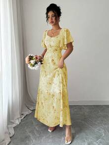 Modelyn Vestido de verano de mujer de estilo francés dulce con manga de murciélago, estampado de mariposa, plisado y de gasa - Amarillo - Ver 5