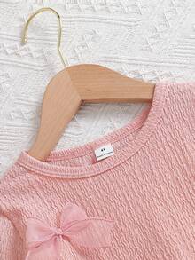 2件套女童纯色3D蝴蝶结装饰圆领短袖T恤搭配松紧腰休闲短裤，适合日常休闲和度假穿着，夏季 - 粉色 - 查看 6