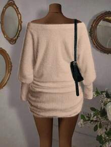 SHEIN PETITE Đầm ôm sát tay dài trễ vai xếp ly màu mơ giả dệt kim cho nữ (25+ mẫu), gợi cảm và thanh lịch, thích hợp cho tiệc tùng, trang phục Giáng sinh và Năm mới. - Màu Hồng baby - Xem 2