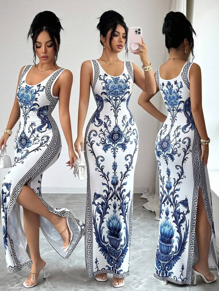 SHEIN Elenzya Exquisite Printed Chinoiserie Waist-Cinching Slit Hem Luxurious Retro Middle Eastern UAE Style Robe - Multicolor - View 1