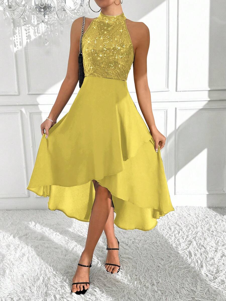 Chiquease 1 chiếc đầm maxi thanh lịch đính sequin, cổ yếm, vạt bất đối xứng, thích hợp cho các bữa tiệc ngày lễ dành cho nữ. - Màu vàng - Xem 1