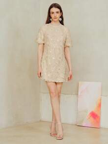 MOTF PREMIUM VESTIDO DE MANGA ABULLONADA CON MALLA DE CONTRASTE - Albaricoque - Ver 8