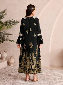 فستان كم طويل بطباعة بسيطة للفتيات المراهقات - الأسود - مشاهدة 2