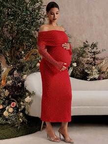 MaterniChic Elegante vestido de maternidad con hombros descubiertos y textura, otoño - Rojo - Ver 4