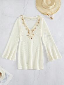 Bonvoyette 女士纯色性感镂空透明高端金属贝壳装饰长袖沙滩罩衫，适合夏季海滩度假、春夏穿着 - 米色 - 查看 8