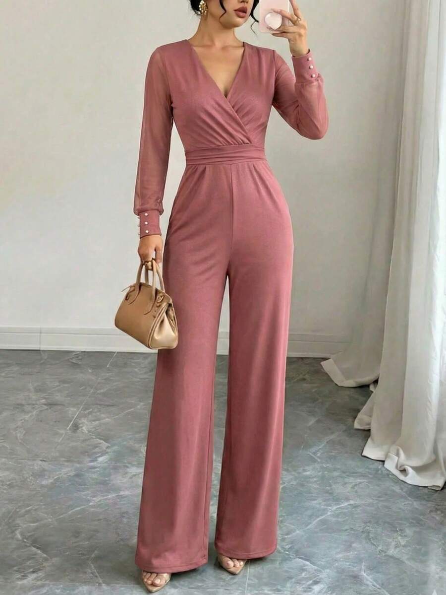 Enterizo Elegante de Pierna Ancha con Mangas de Malla y Puños con Perlas - Ideal para Fiestas de Noche y Navidad - Rosa vieja - Ver 1