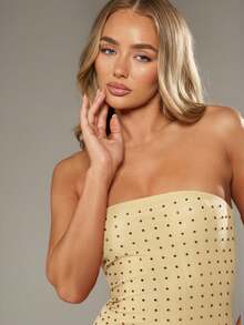MISSGUIDED Diamante Bandeau Cowl Waist Floor Length Evening Formal Prom Gown Maxi Dress Special Occasion - Cream - View 4
