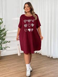 SHEIN CURVE+ 加大码爱心印花针织弹力A字圆领连衣裙 - 酒紅色 - 查看 3