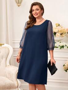 Miaspire Plus Size Women's Mesh Contrast Black Elegant Mother's Day Dress - Navy Blue - View 4