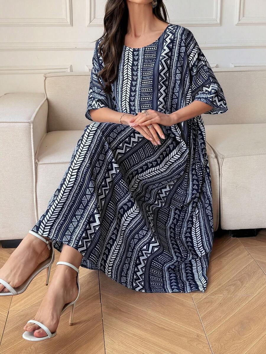 Vivie Lora Đầm midi dáng rộng kẻ sọc dọc phối họa tiết hoa retro dành cho nữ. - Màu xanh lam - Xem 1