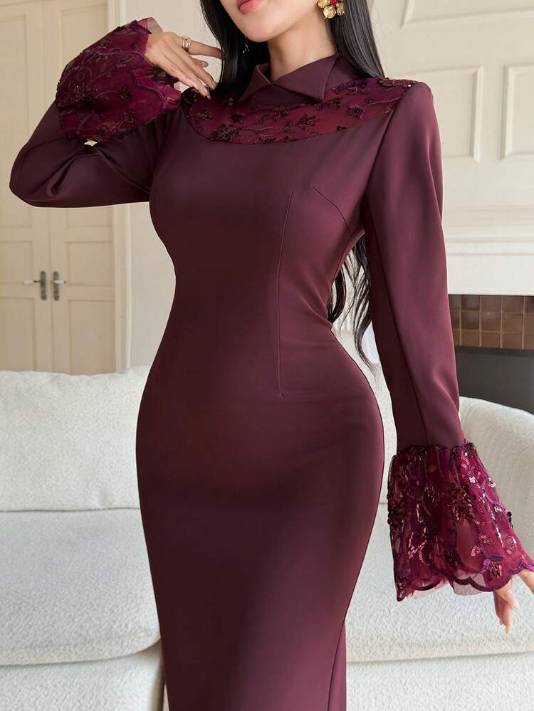 Women's Floral Embroidery Sequin Mesh Patchwork Stand Collar Elegant Waist Cinched Long Party Dress Wedding Guest Dress Sundress