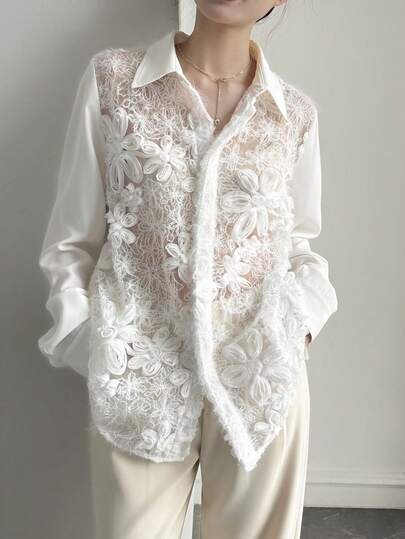 Livesso Loose Casual Business Chiffon Lace See-Through Design Long Sleeve Blouse For Women, Suitable For Spring & Summer Office Wear And Street Style