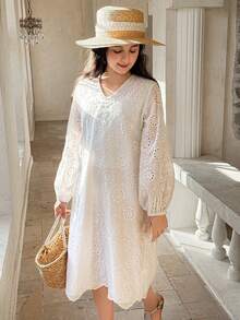 DAZY Tween Girl Solid Color V-Neck Hollow Embroidery Casual Long Sleeve Dress - White - View 5