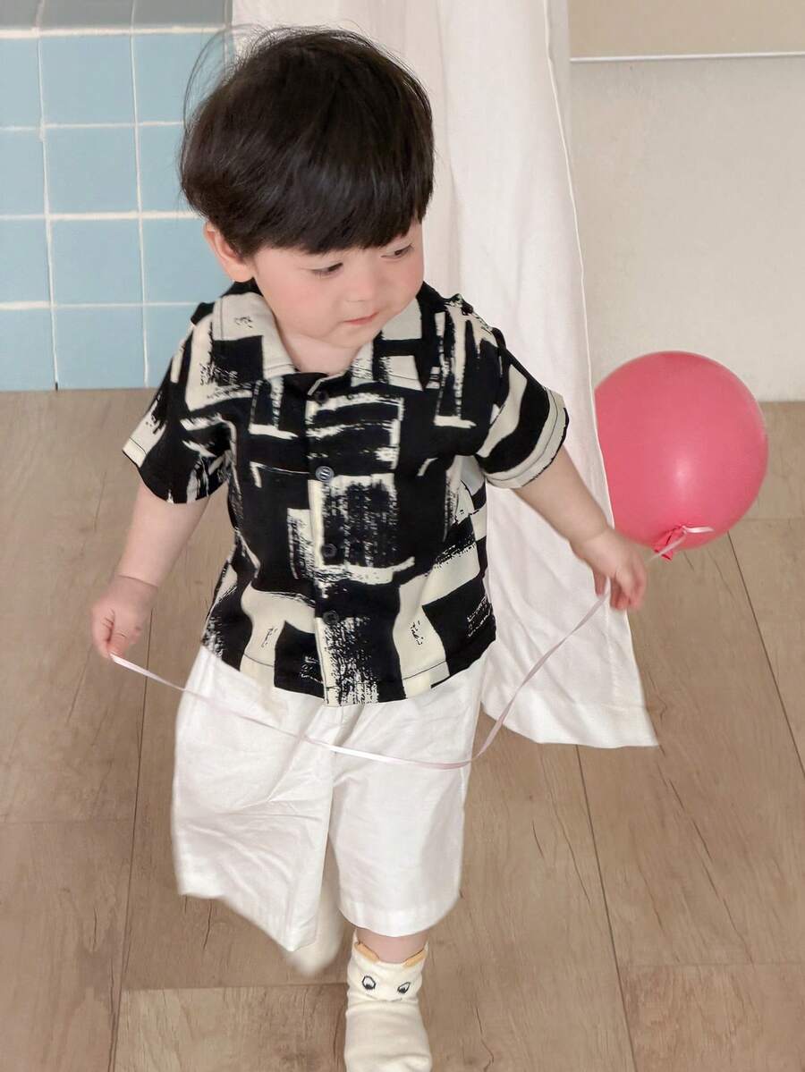 DAZY 男童翻领格子韩版休闲夏季度假衬衫 - 黑與白 - 查看 1