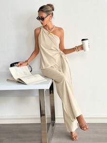 Siren Gaze Bộ trang phục nữ bằng cotton, kiểu dáng thường ngày, lệch vai, có khóa kim loại. - Màu be - Xem 6