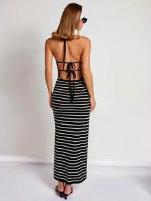 COSMINA Đầm nữ gợi cảm hở lưng in họa tiết sọc, cổ buộc dây, kiểu dáng đi nghỉ mát. - màu đen - Xem 3