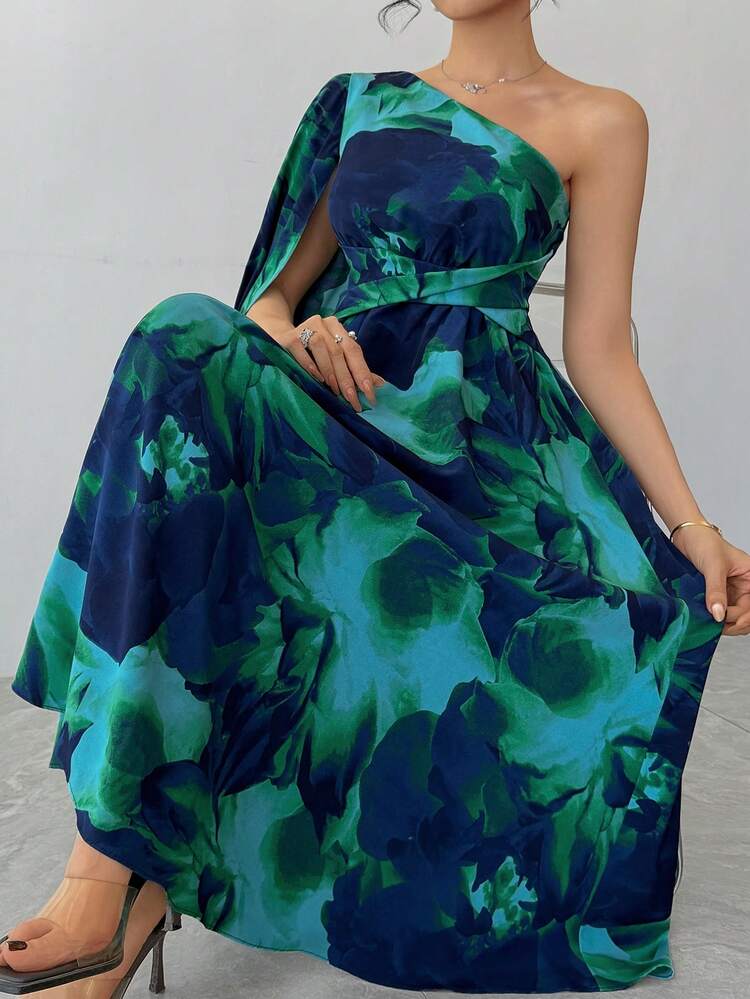 Women's Elegant Floral Asymmetric Shoulder Dress, Spring/Summer Wedding Guest Dress Sundress Boho
