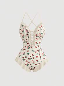 SHEIN MOD 荷叶边拼布前系带草莓印花撞色连体泳衣 - 米色 - 查看 1