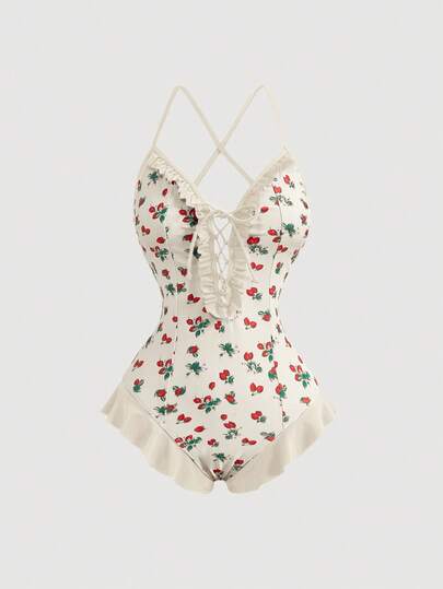 SHEIN MOD 荷叶边拼布前系带草莓印花撞色连体泳衣