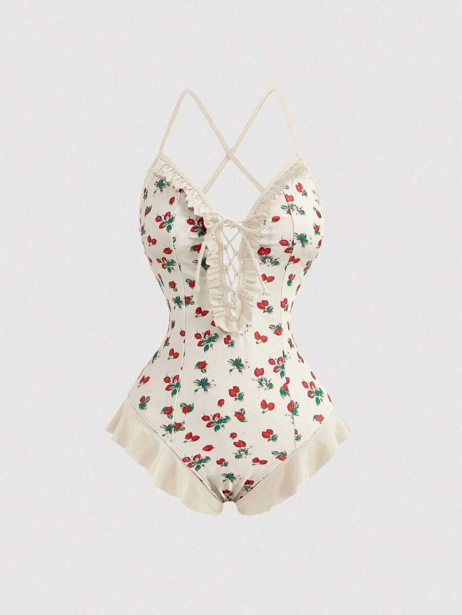 SHEIN MOD 荷叶边拼布前系带草莓印花撞色连体泳衣 - 米色 - 查看 1