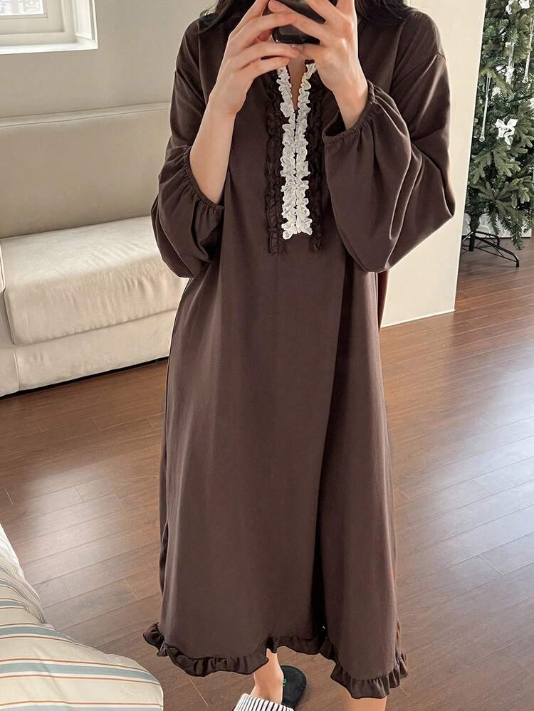 Contrast Color Ruffle Trim Lantern Sleeve Midi Nightgown For Women