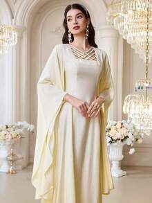 Al Najma Women's Elegant Crossed Square Neck Flare Sleeve Waist Cinched Arabic Style Dress - Yellow - View 2