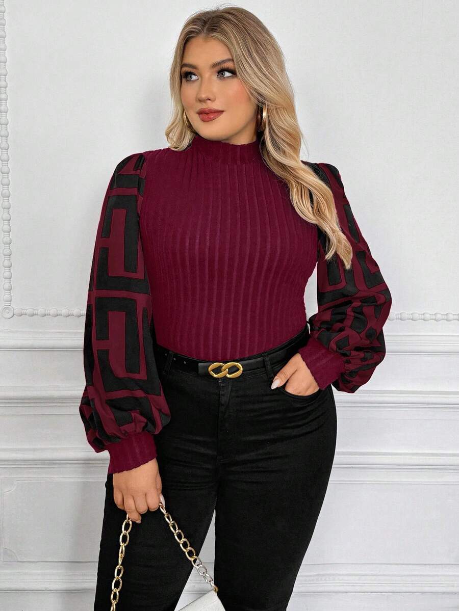 SHEIN Clasi 女士大码度假修身拼接衬衫 - 酒紅色 - 查看 1