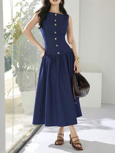 Heiryn Faux Denim Dress,Navy Gold‑Button Boatneck Midi Dress - Sleeveless Fitted Bodice & Gathered A‑Line Skirt, Polished Day‑To‑Night,Women's Solid Color Scoop Neck Sleeveless Dress