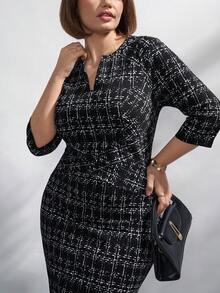 Chikora 大码女式中长款V领连衣裙，黑色七分袖黑白条纹铅笔裙，及膝V领通勤优雅修身连衣裙，办公室连衣裙，简约修身连衣裙 - 黑與白 - 查看 6