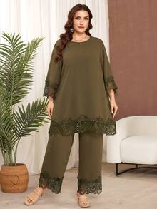 Lacomfia Bộ đồ 2 mảnh dành cho nữ cỡ lớn, váy dài phối ren cổ tròn thanh lịch, thích hợp mặc mùa xuân/hè. - Nhiều màu - Xem 6