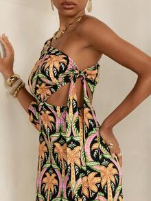 CAJUNI 女士夏季修身连衣裙，不对称单肩领口，半袖，侧边镂空，艺术装饰热带棕榈树印花，波西米亚度假风长裙，适合度假、假日、派对穿着 - 彩色 - 查看 5