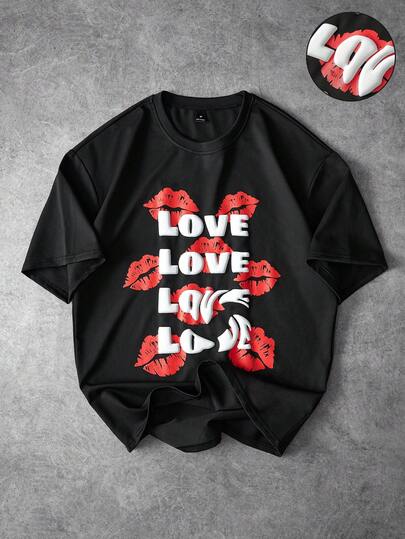 PAVTROS 男士街头风热销红色嘴唇图案立体印花T恤，适合户外音乐节、日常出行、朋友聚会、送给男友/老公的礼物、周年纪念礼物，黑色