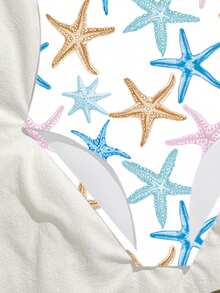 SHEIN 少女连体泳衣,可爱休闲多色海星针织面料连体泳衣套装,时尚优雅,适合游泳、夏季度假、海滩、泳池、节日派对 - 白色 - 查看 7
