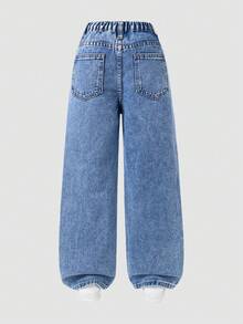 SHEIN Quần jeans ống rộng dáng suông phong cách Y2K dành cho bé gái tuổi teen, thêu hình trái tim, thích hợp cho đi chơi hàng ngày, đi học, đi làm và mùa tựu trường. - Rửa trung bình - Xem 2