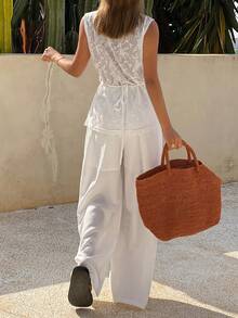DAZY 两件套女士蕾丝透视圆领上衣和阔腿裤，带垂褶斜插口袋 - 白色 - 查看 5