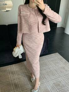 DAZY Women's Long Sleeve Cardigan And Sleeveless Fitted Dress Elegant 2-Piece Set