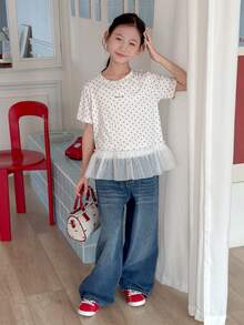 DAZY Tween Girls Round Neck Knit Polka Dot Print Contrast Mesh Short Sleeve T-Shirt, Fall Summer - White - View 2