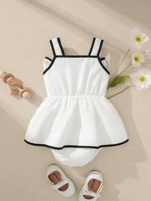 Souflis Souflis Barboteuse rayée noire à nœud papillon et motif voiture, version coréenne rétro pour bébé fille d'été. Convient pour la maison, les sorties et de multiples occasions - Blanc - Voir 3