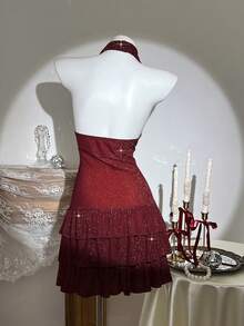 Elamini Women's Sexy Party Metallic Glitter Draped Neck Backless Ruffle Hem Bodycon Mini Dress, Summer - Burgundy - View 2