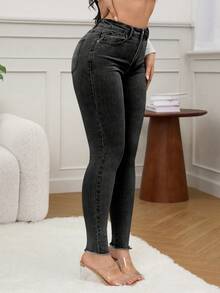 SHEIN Essnce Quần jeans nữ dáng ôm, kiểu dáng thường ngày, có túi xéo, gấu quần rách. - Màu xám đen - Xem 7