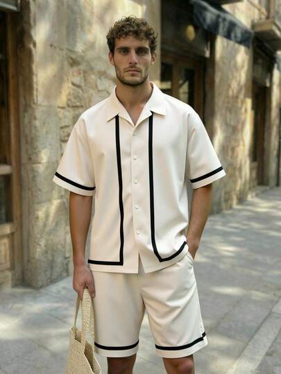 HIMLAND Conjunto casual masculino composto por camisa de manga curta e bermuda com abotoamento simples.