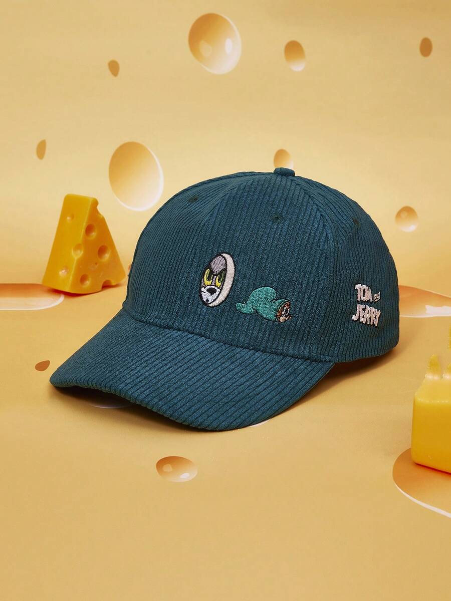TOM & JERRY X SHEIN Adjustable Washed Cartoon Embroidered Baseball Cap - Dark Green - View 1