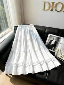 Girls' White Umbrella Skirt With Voluminous Hem, Long Length, Minimalist Japanese Style, Elegant Ruffled Hem, Versatile A-Line Skirt - White - View 1