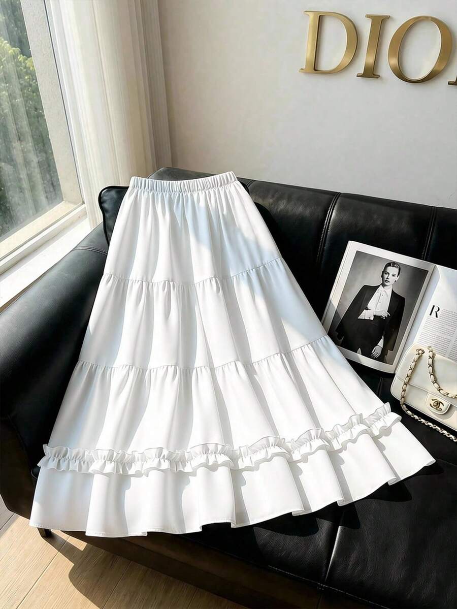Girls' White Umbrella Skirt With Voluminous Hem, Long Length, Minimalist Japanese Style, Elegant Ruffled Hem, Versatile A-Line Skirt - White - View 1