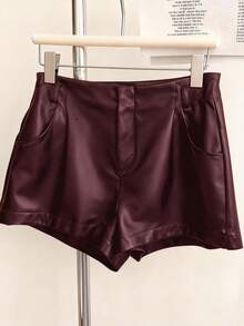 Airaco Women's Casual Commuter Solid Color PU Leather Pleated Waist Shorts - Burgundy - View 4