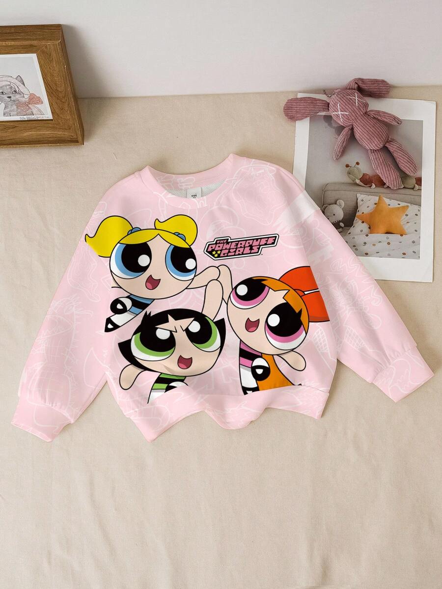 THE POWERPUFF GIRLS X SHEIN Young Girl Casual Cartoon Pattern Crew Neck Sweatshirt, Autumn - White - View 1