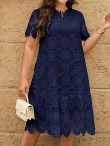 Reflora Plus Size Summer Casual Solid Color Water-Soluble Lace Short Sleeve Dress Navy Blue Eyelet Women Maweii - Navy Blue - View 4