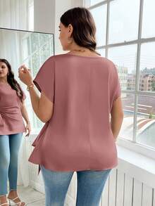 Reflora Cămașă de vară elegantă, casual, cu mânecă tip liliac și nod lateral, mărime plus - Roz Coral - Vizualizare 2