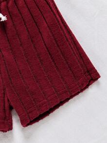 SHEIN Vintaside Kids 2pcs Baby/Baby Boy Ribbed Contrast Color Top And Blue Pants Set, All-Match Casual Comfortable Versatile Outfit For Summer Occasions - Red Violet - View 7