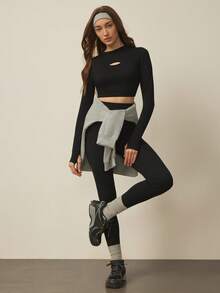 With My Calm With My Calm Women's Solid Color Round Neck Hollow Long Sleeve Top And Tight Leggings Casual Sportswear Set, For Daily Workout - Black - View 4